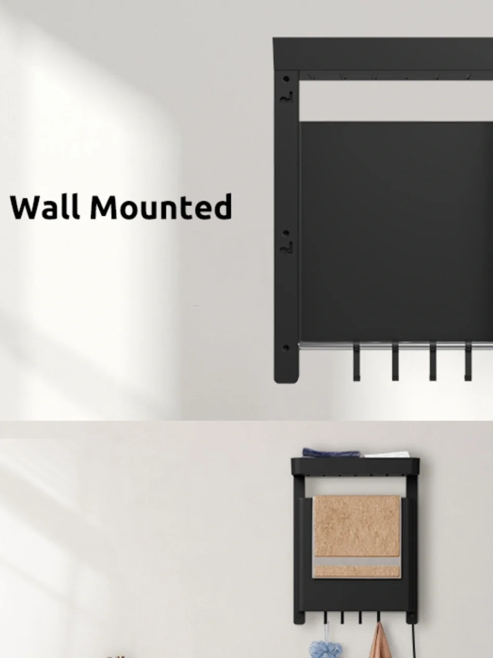 Wall Mounted Heated Towel Rack Warmer with Shelf & Hooks - Black
